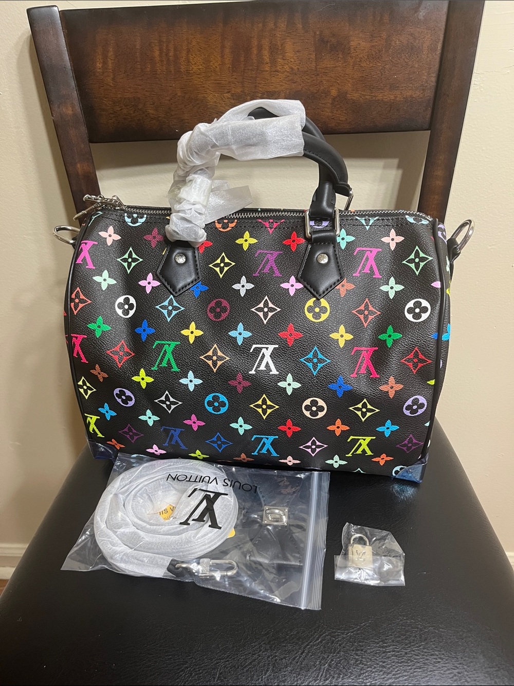 Source Unknown Black Multicolor Monogram Satchel with Top Handles